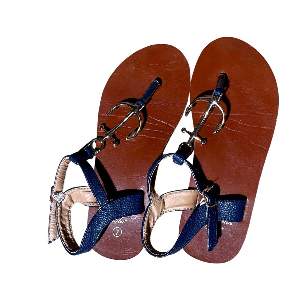Amanda Blu Women's Anchor Sandals Navy Gold Nautical Size 7‎